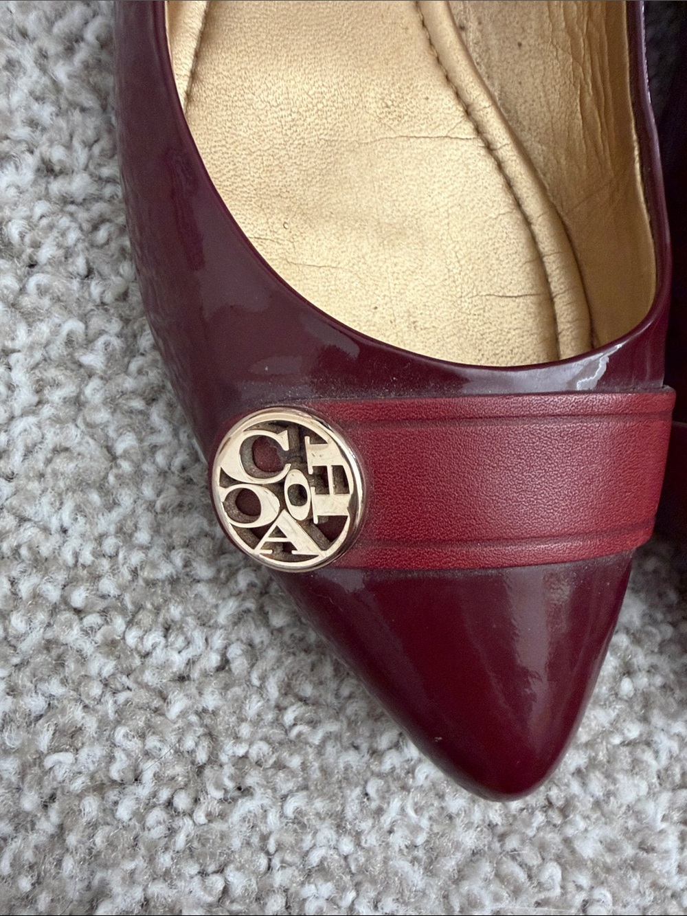 Coach Oneida Women's Burgundy Patent Pointed Toe Flats with Gold Logo - Picture 6 of 9